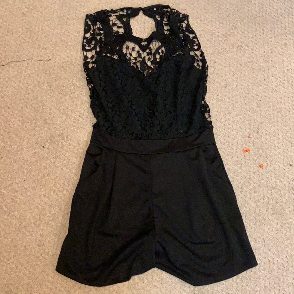Black open back lace romper